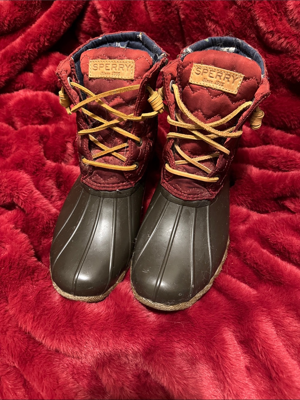 Sperry Ladies Burgundy Upper Brown Rubber Duck Boots